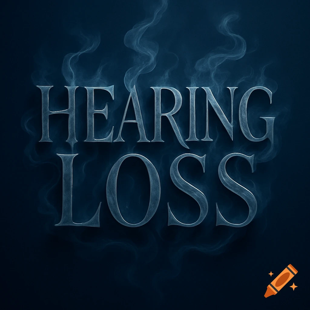 Stylized metallic text 'HEARING LOSS' with wisps of smoke rising from the letters on a dark blue background.