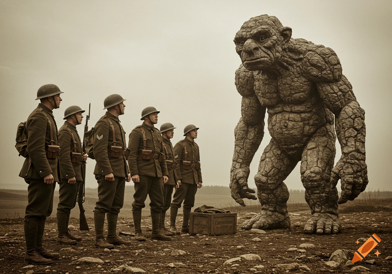 An old-time sepia-toned photo of five soldiers in formation facing a large, rock-skinned troll on a barren landscape.