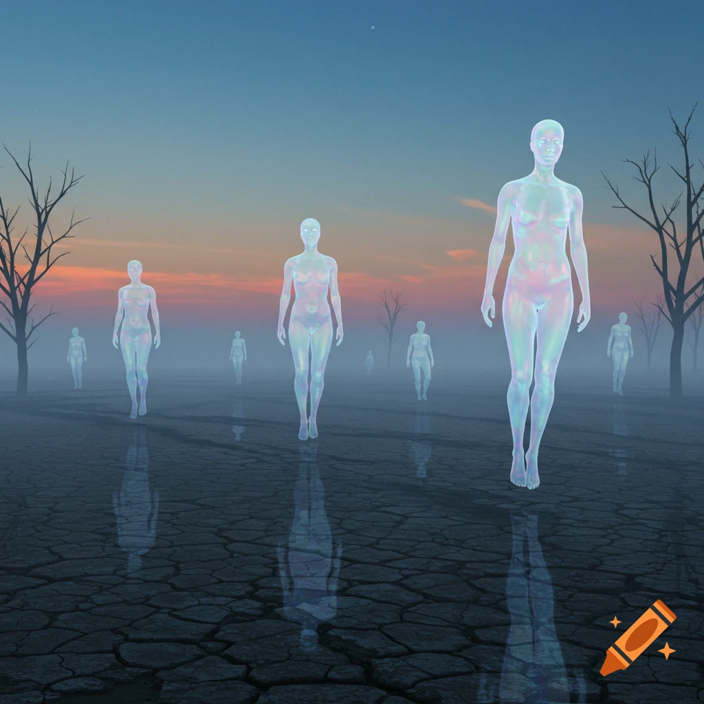 A group of ethereal, glowing humanoid figures walk across a cracked, desolate landscape under a pastel sunset sky with bare trees.