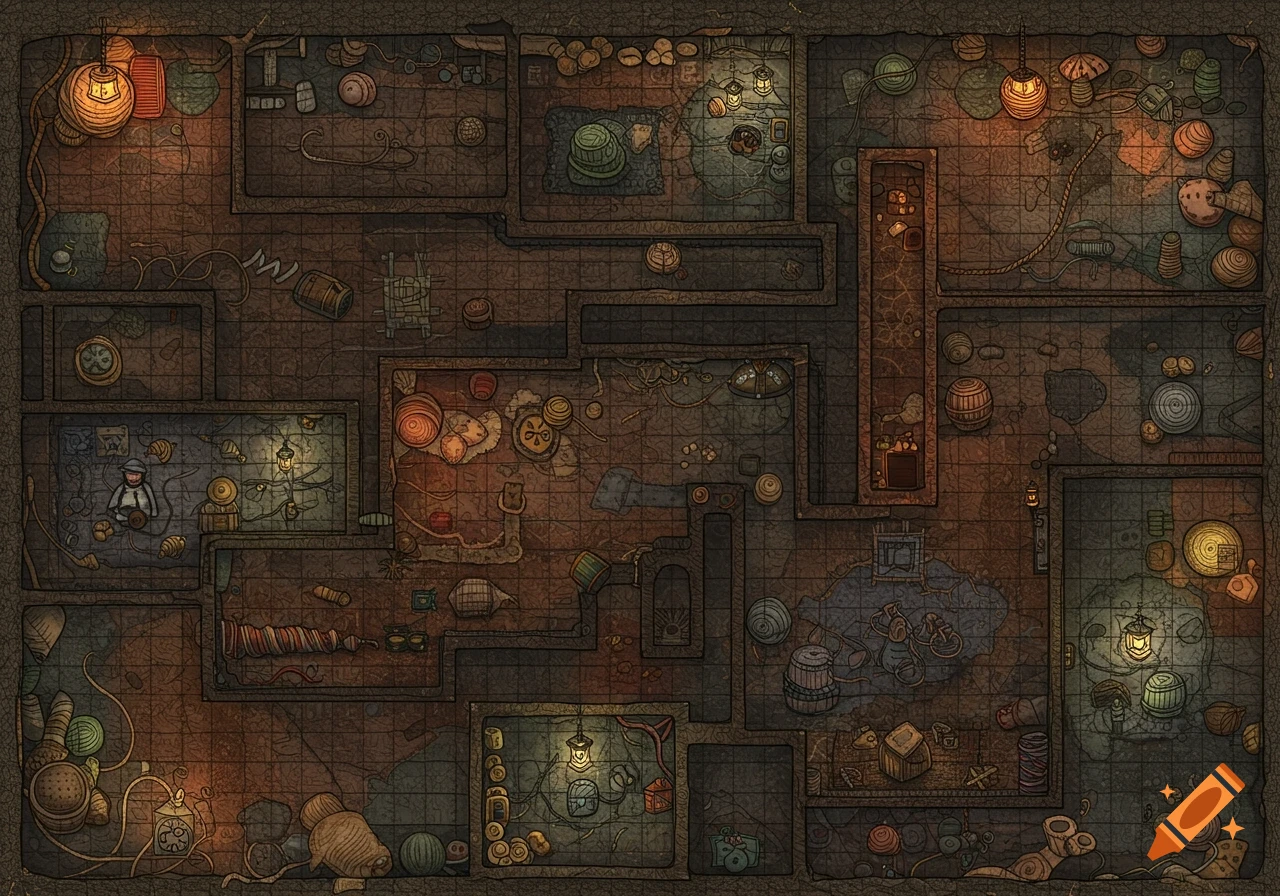 A whimsical top-down dungeon map made of crocheted and knitted yarn, featuring rooms, corridors, and yarn-themed decor on a grid.