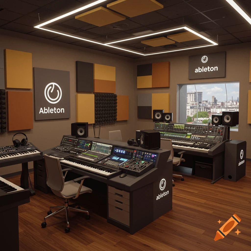 A photorealistic image of a professional music recording studio with mixing boards, keyboards, speakers, and Ableton branding.