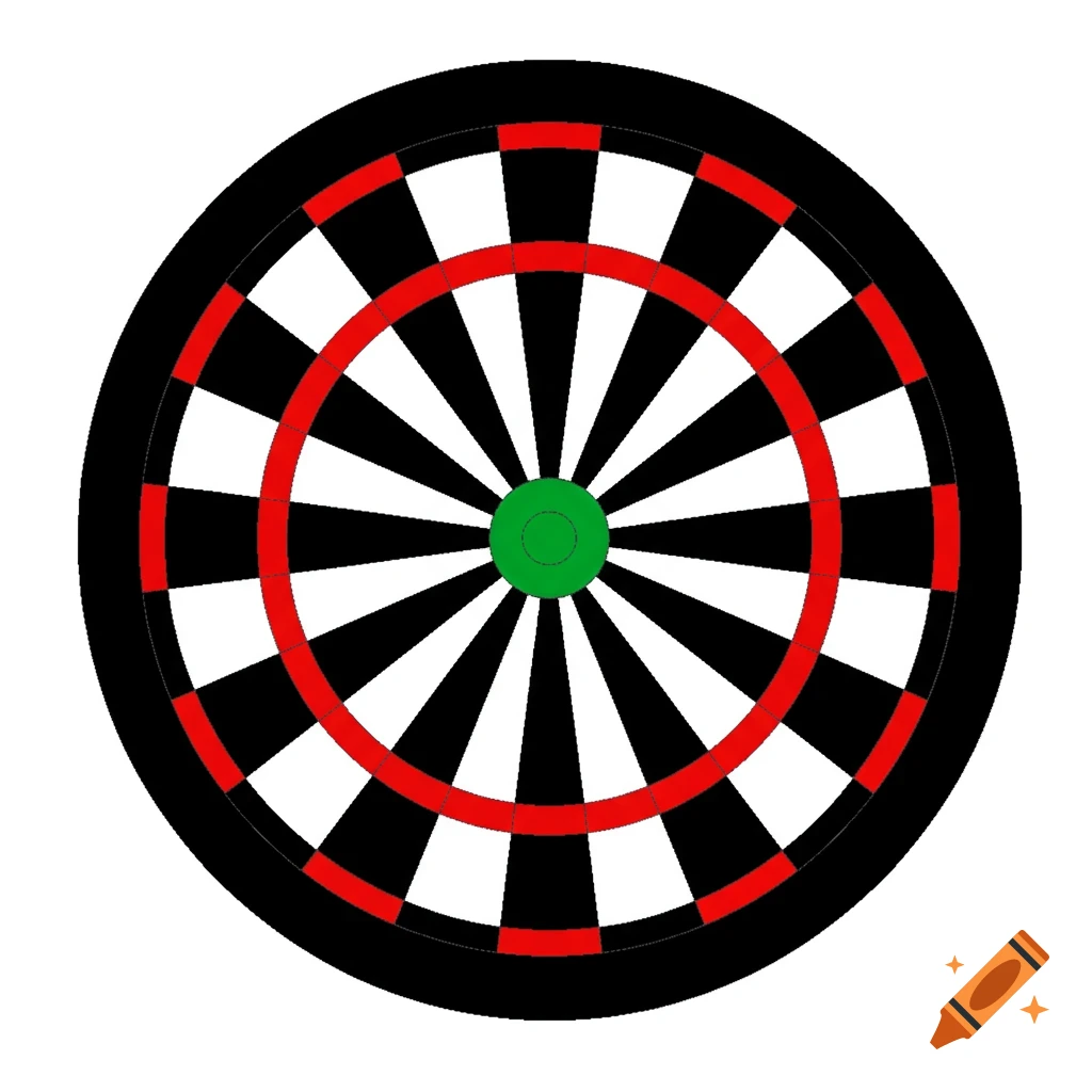 A simple graphic illustration of a dartboard with black and white segments, red rings, and a green bullseye.