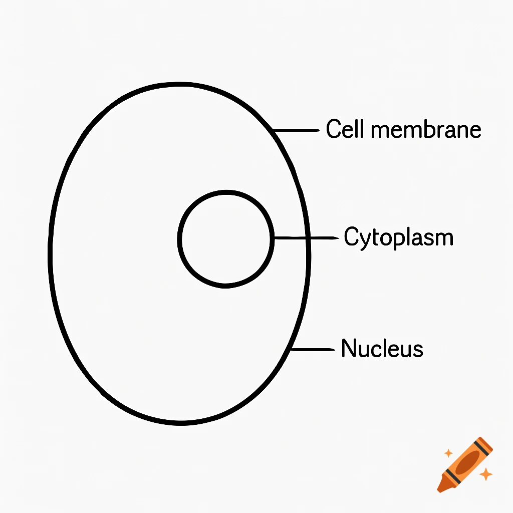 Black and white diagram of a cell, labeled with cell membrane, cytoplasm, and nucleus.