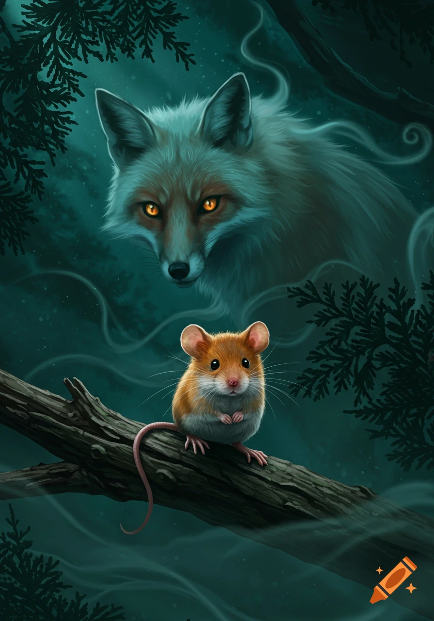 A tiny, cute mouse sits on a tree branch, looking at the viewer, with a glowing, ethereal fox looking down from behind it in a dark, stylized forest.