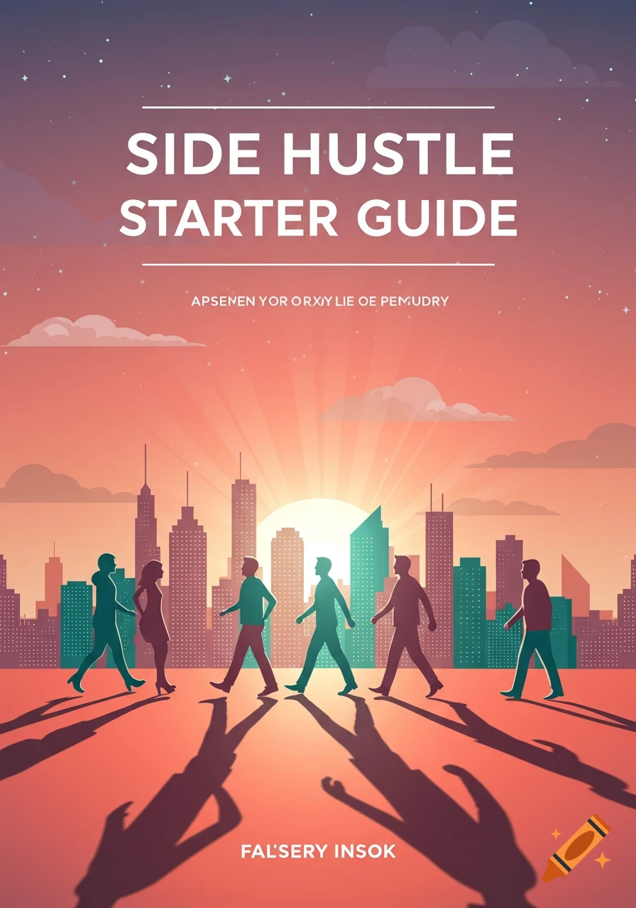 An illustrated book cover titled 'Side Hustle Starter Guide' with silhouettes of people walking in front of a city skyline at sunset.