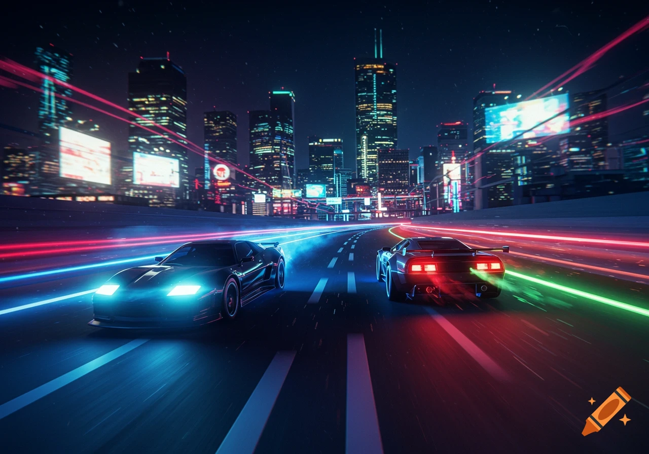 Two sports cars race on a futuristic highway at night, with glowing blue and red light trails and a neon-lit city skyline.
