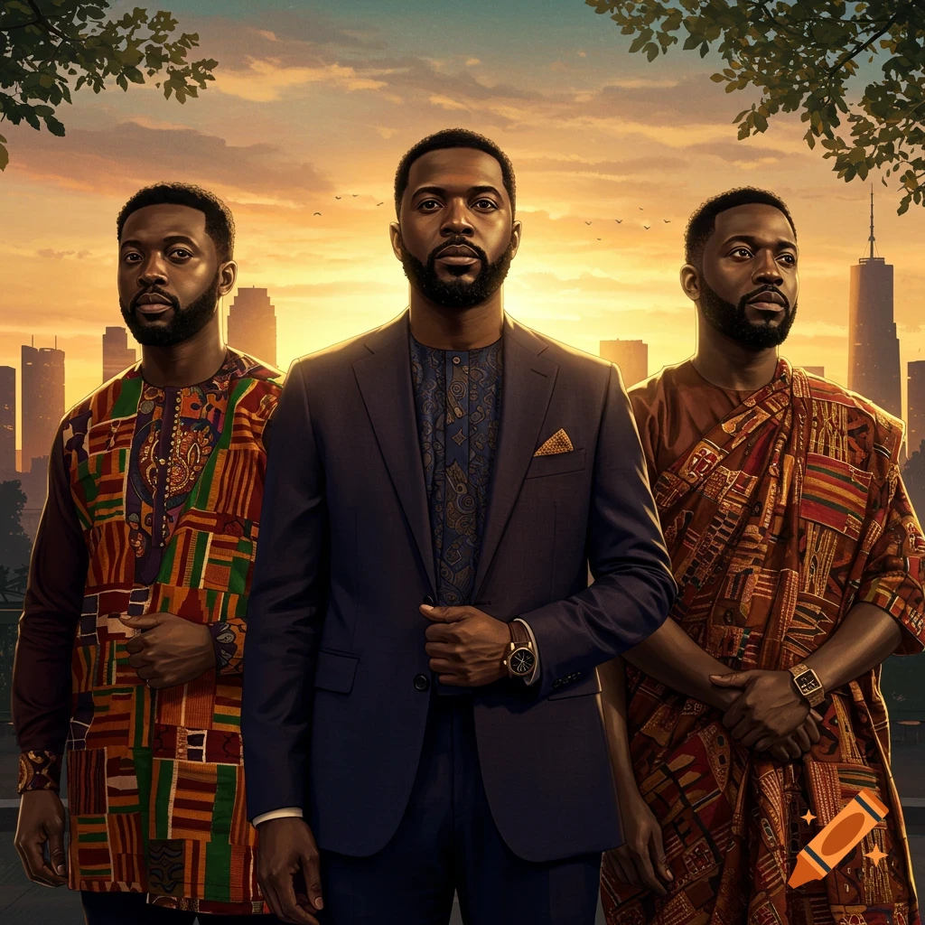 Three Black men, two in traditional African attire and one in a suit, stand before a sunset city skyline.