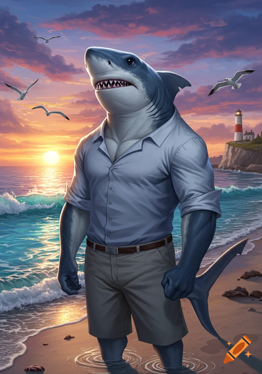 An anthropomorphic shark in a shirt and shorts stands on a beach at sunset, with a lighthouse and seagulls in the background.