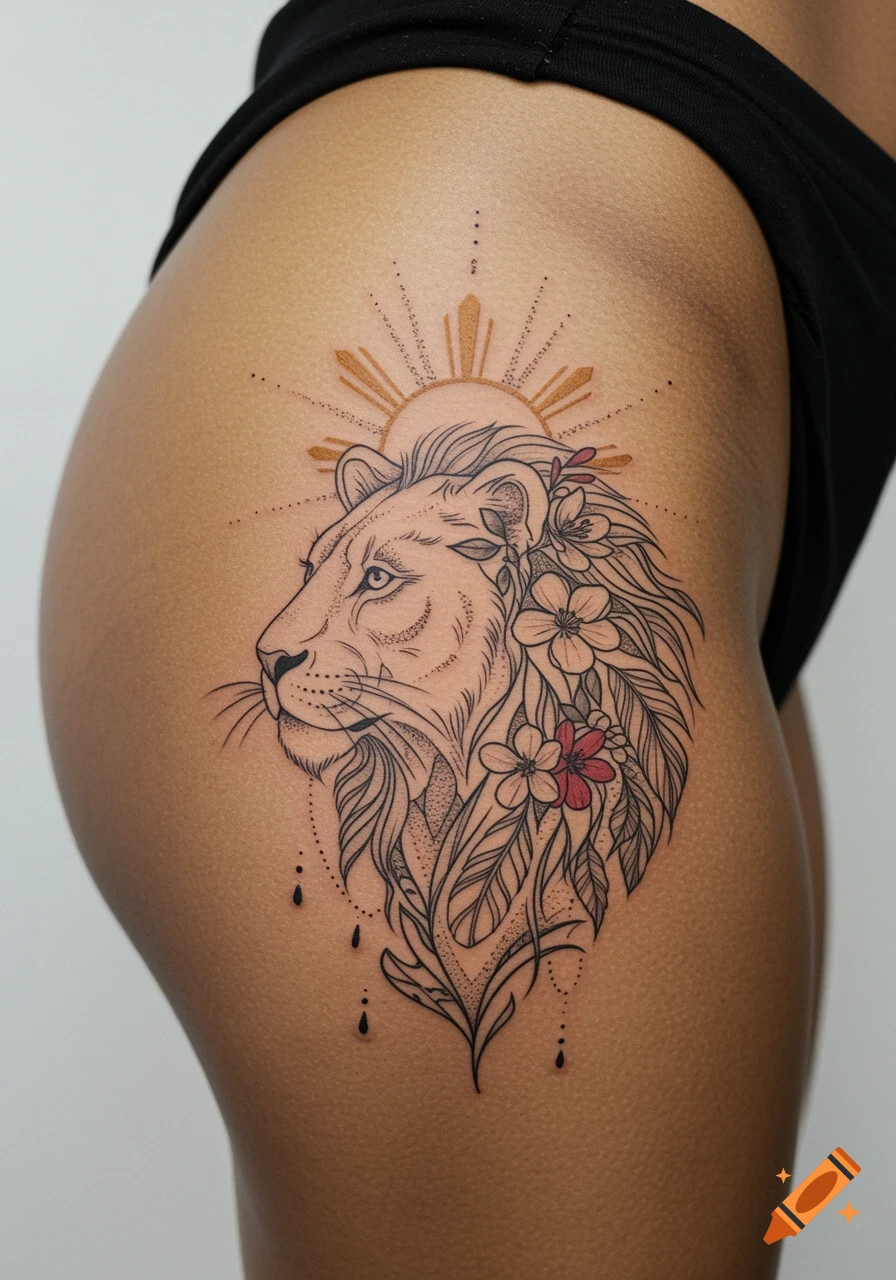 Close-up of a tattoo on dark brown skin featuring a lioness head surrounded by flowers, feathers, and sun rays.