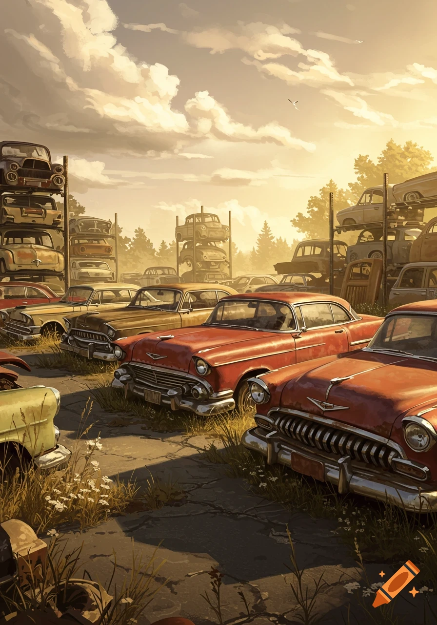 Stylized illustration of a classic car junkyard at sunset, with numerous vintage vehicles stacked and parked.