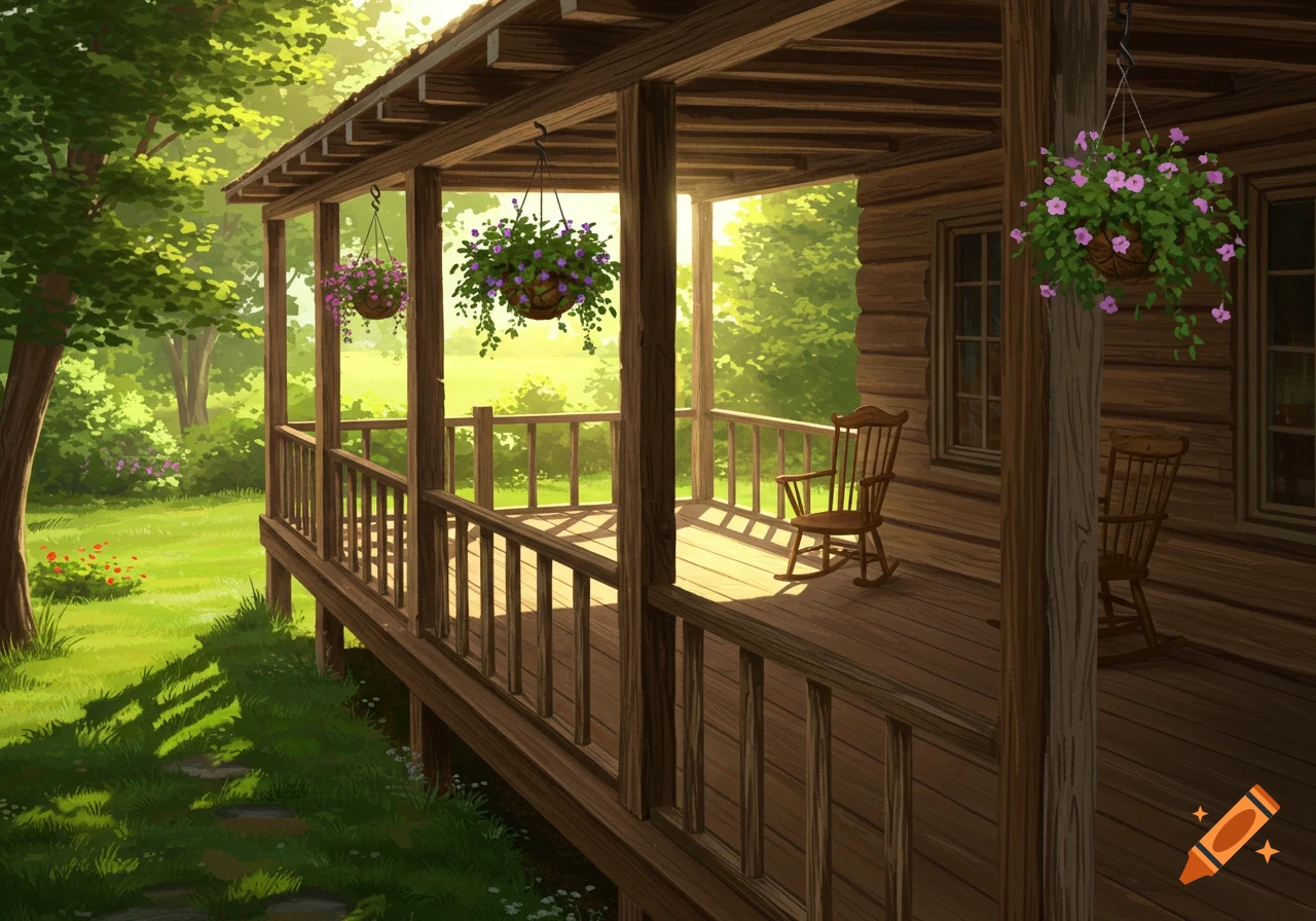 A sunlit wooden porch with rocking chairs and hanging flower baskets, overlooking a lush green yard in a digital art style.