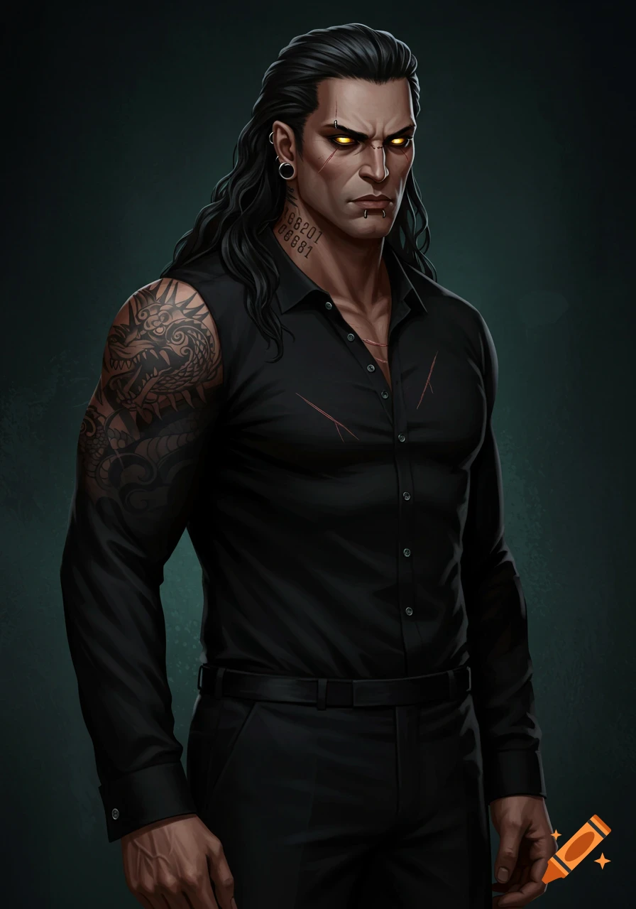 A powerful man with long black hair, glowing yellow eyes, scars, neck tattoos, and a dragon arm tattoo, wearing a black shirt.