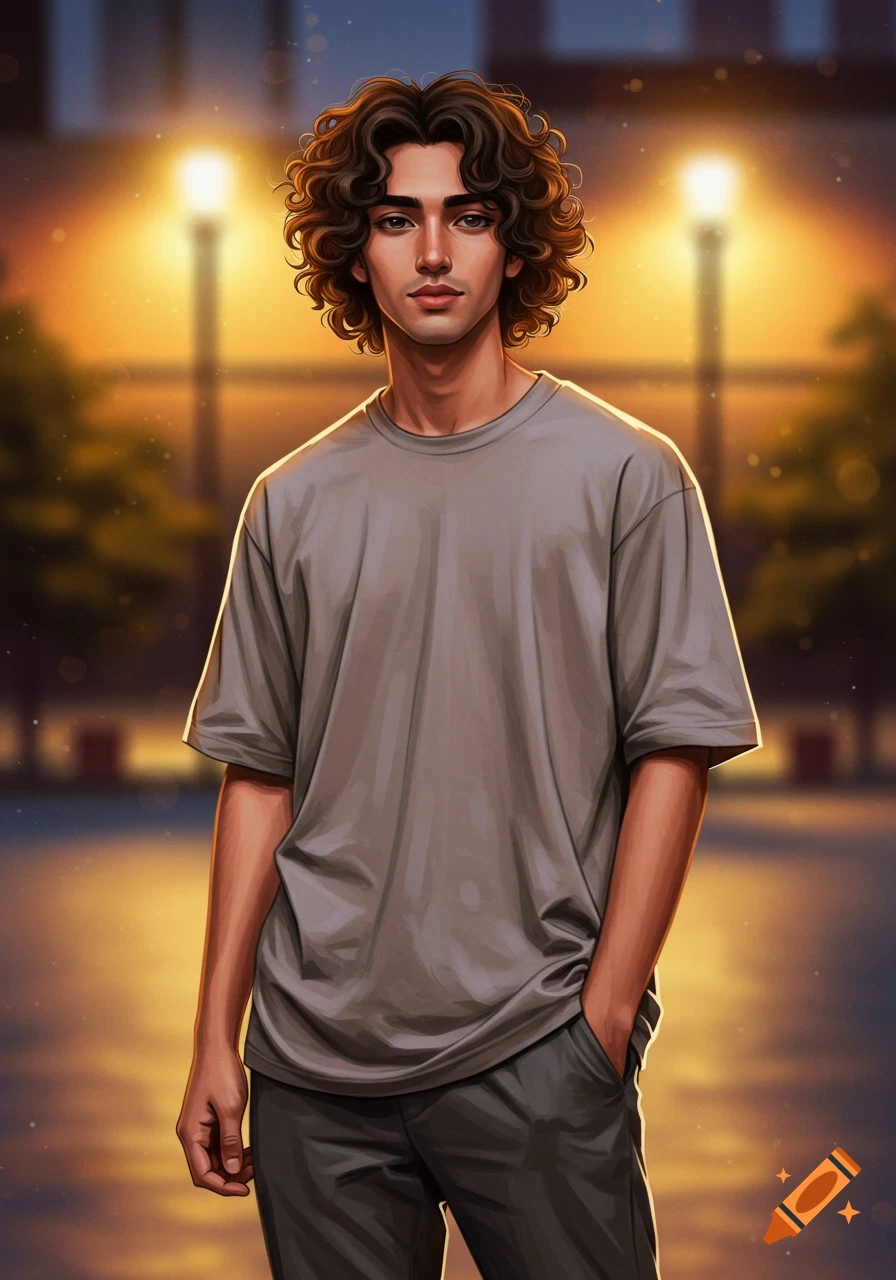 A stylized portrait of a young man with curly hair, wearing a loose t-shirt and comfortable pants, standing outdoors at dusk with streetlights in the background.