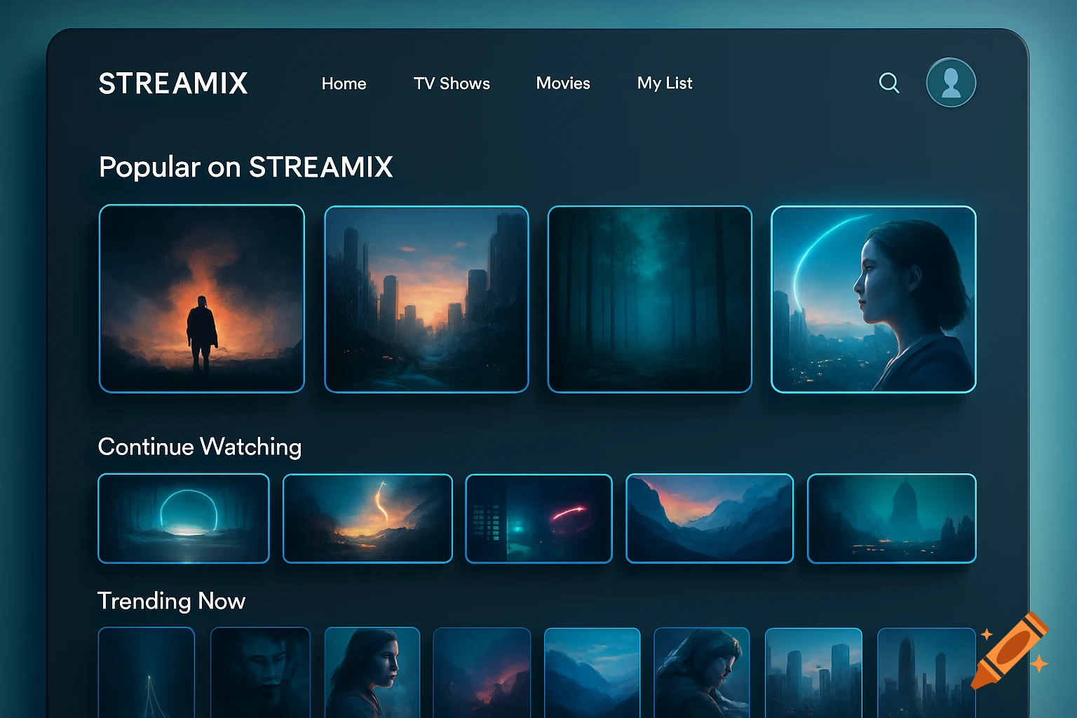 A digital user interface for a streaming service called STREAMIX, featuring various stylized movie or show thumbnails and menu options.
