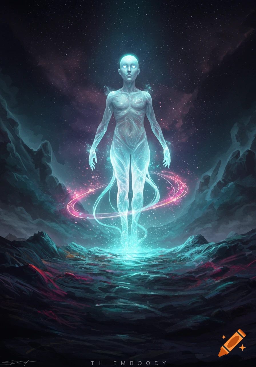 Ethereal glowing human figure with glowing eyes levitating above a dark, cosmic landscape with swirling pink and blue light.