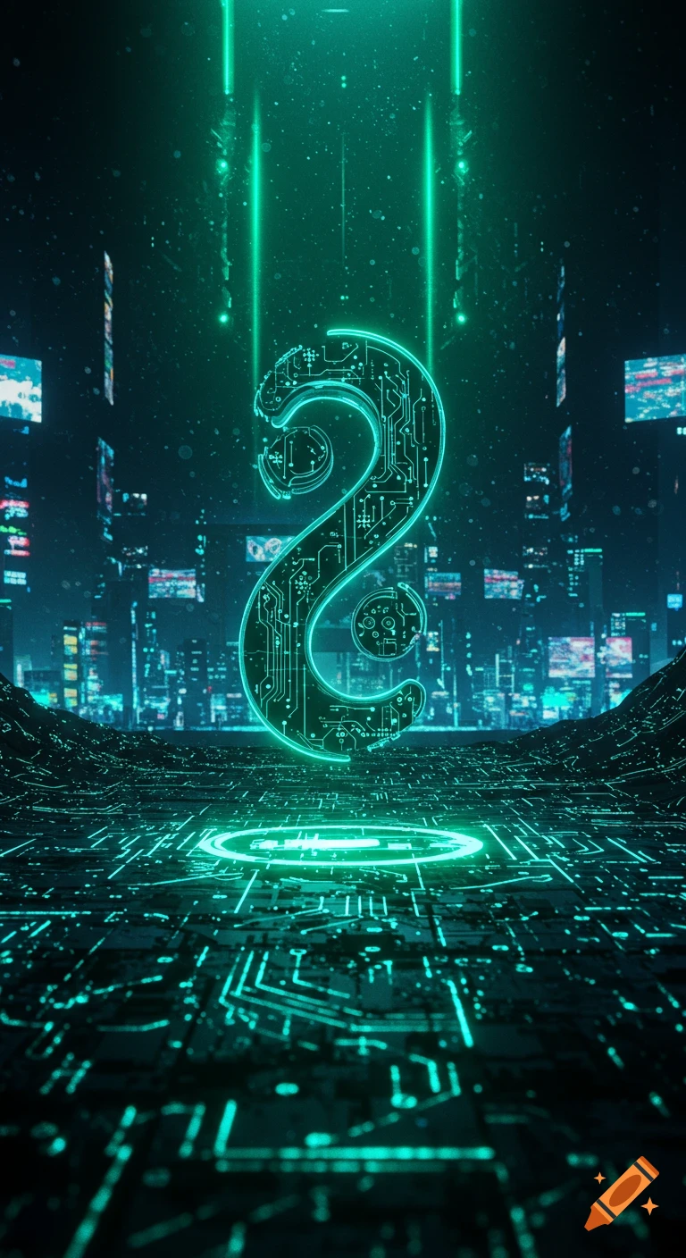 A glowing green circuit board symbol resembling a '2' or 'S' stands on a digital landscape with a futuristic city in the background.