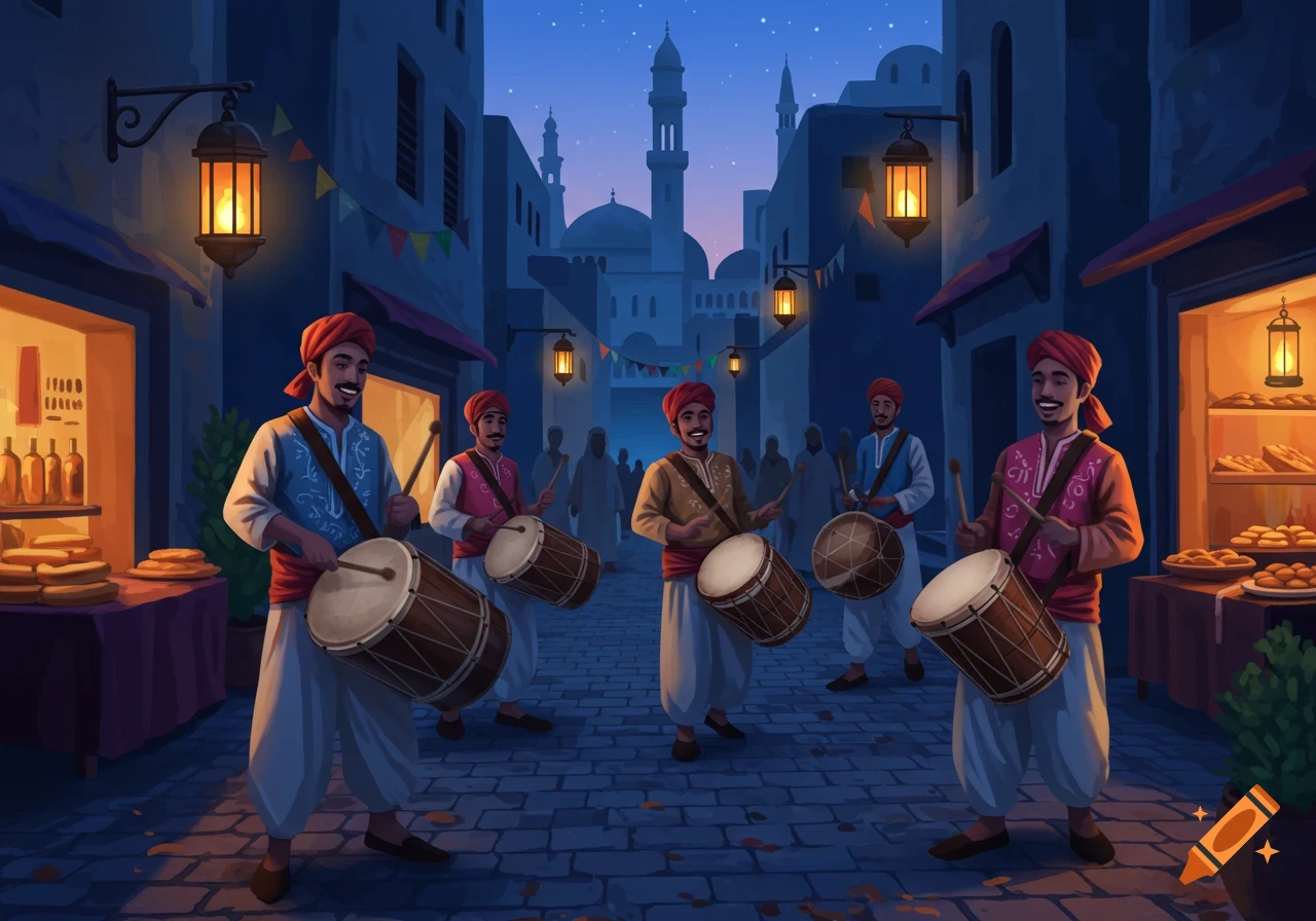 Men in traditional attire playing drums on a bustling street at night, illuminated by lanterns, with architecture in the background.