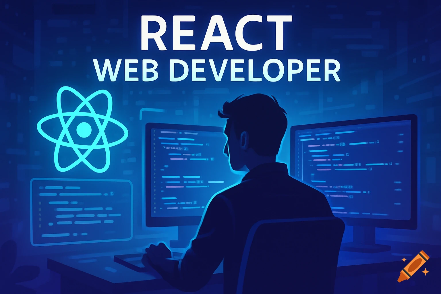 A stylized illustration of a person seen from behind, sitting at a desk with two computer monitors displaying code, under glowing text 'REACT WEB DEVELOPER' and a React logo in blue.