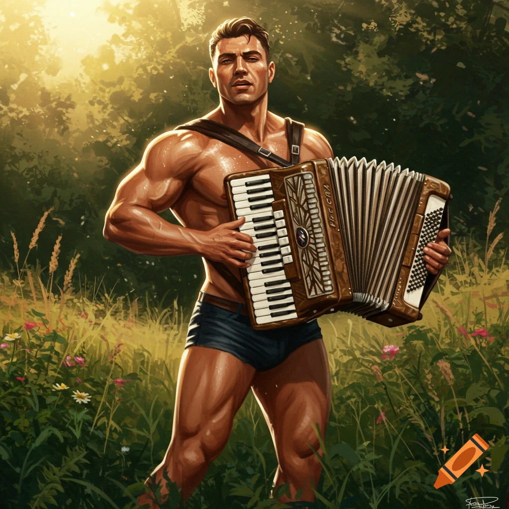 A muscular, shirtless man plays an accordion in a sun-dappled forest, depicted in a digital painting.