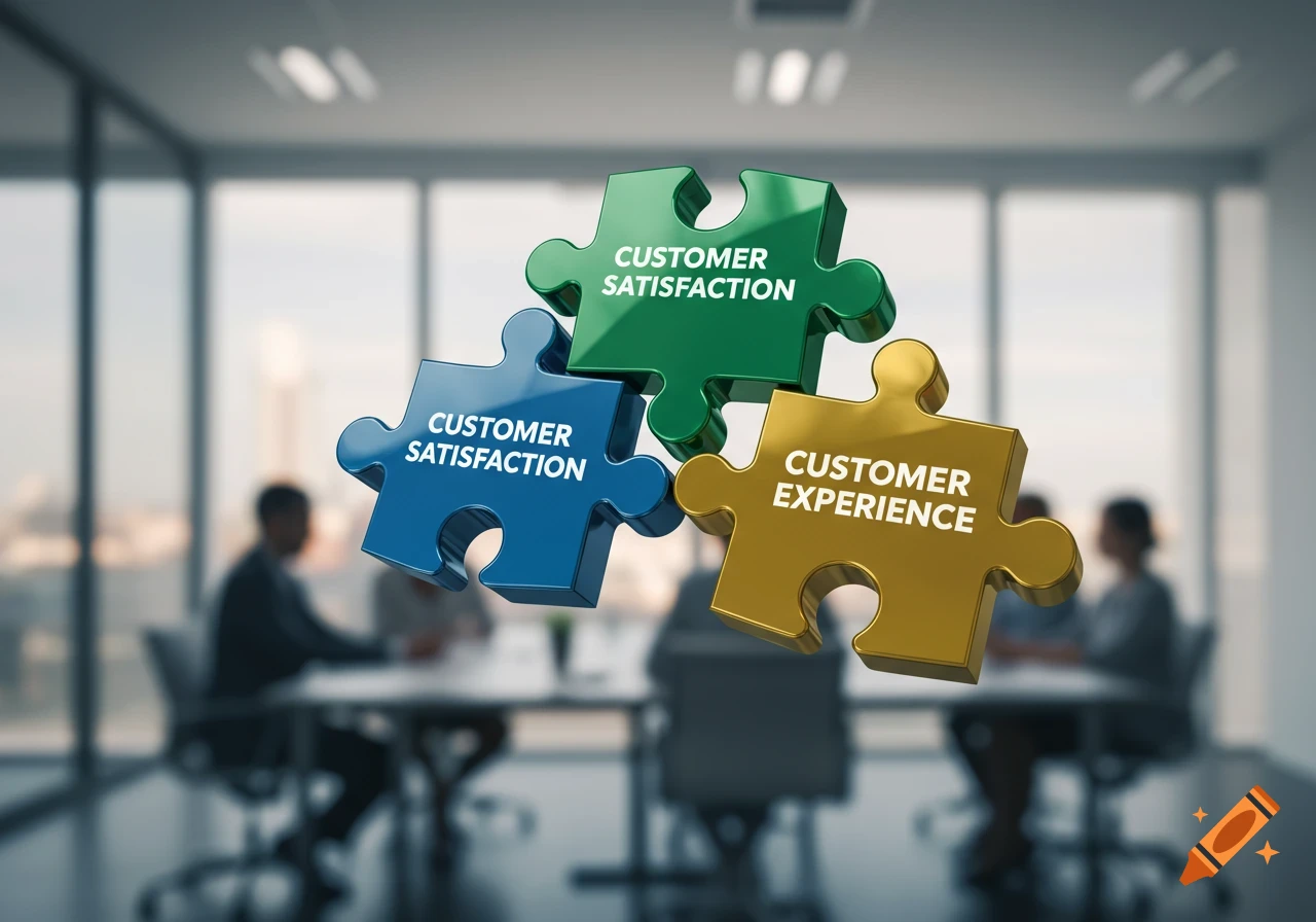 Three puzzle pieces, blue, green, and gold, labeled 'CUSTOMER SATISFACTION' and 'CUSTOMER EXPERIENCE,' float in an office. Photorealistic.