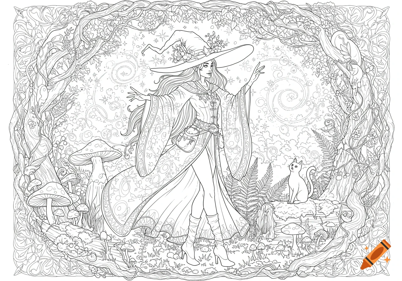Detailed line art coloring page of a witch casting a spell in a magical forest with mushrooms and a cat.