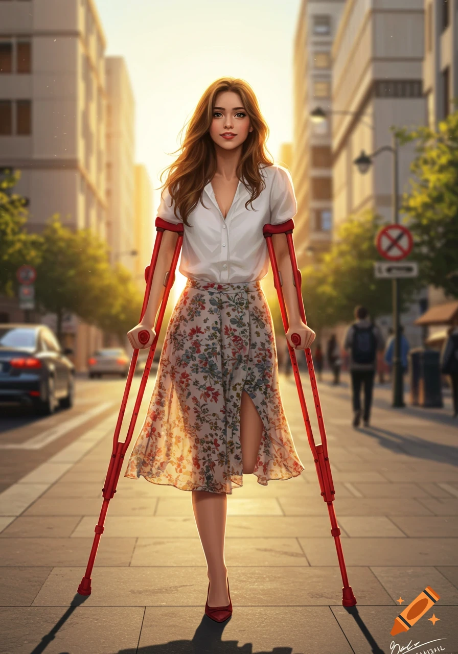 A young woman with a leg amputation walks on a city street using red crutches. She wears a floral skirt and white blouse, illuminated by sunlight.