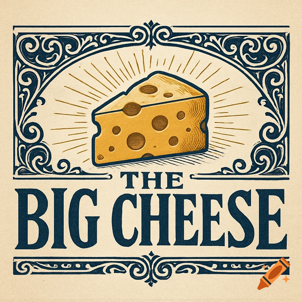 A vintage-style logo featuring a slice of cheese with sunbursts, framed by ornate dark blue borders, and the text "THE BIG CHEESE" on a cream background.