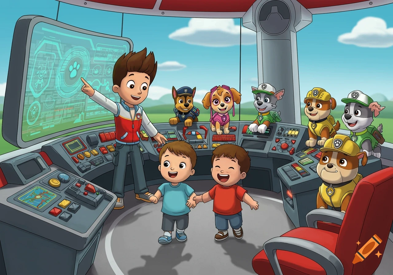 Bright cartoon illustration of Ryder, two boys, and several PAW Patrol pups, including Chase, Skye, Rubble, and Rocky, inside the Lookout Tower control room.