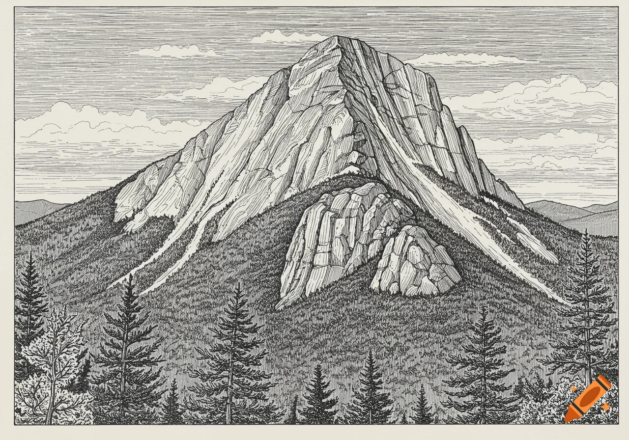 A detailed black and white line drawing of Whiteface Mountain with trees in the foreground and clouds in the sky.