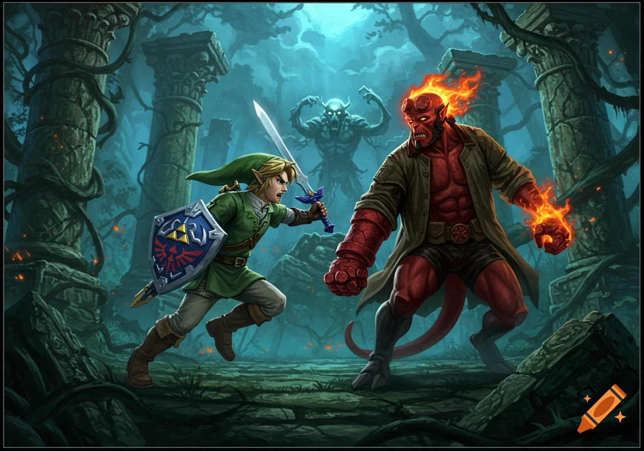 Link from Legend of Zelda battles Hellboy in a dark, overgrown ancient ruin, with a monstrous figure lurking behind them. Stylized fantasy art.