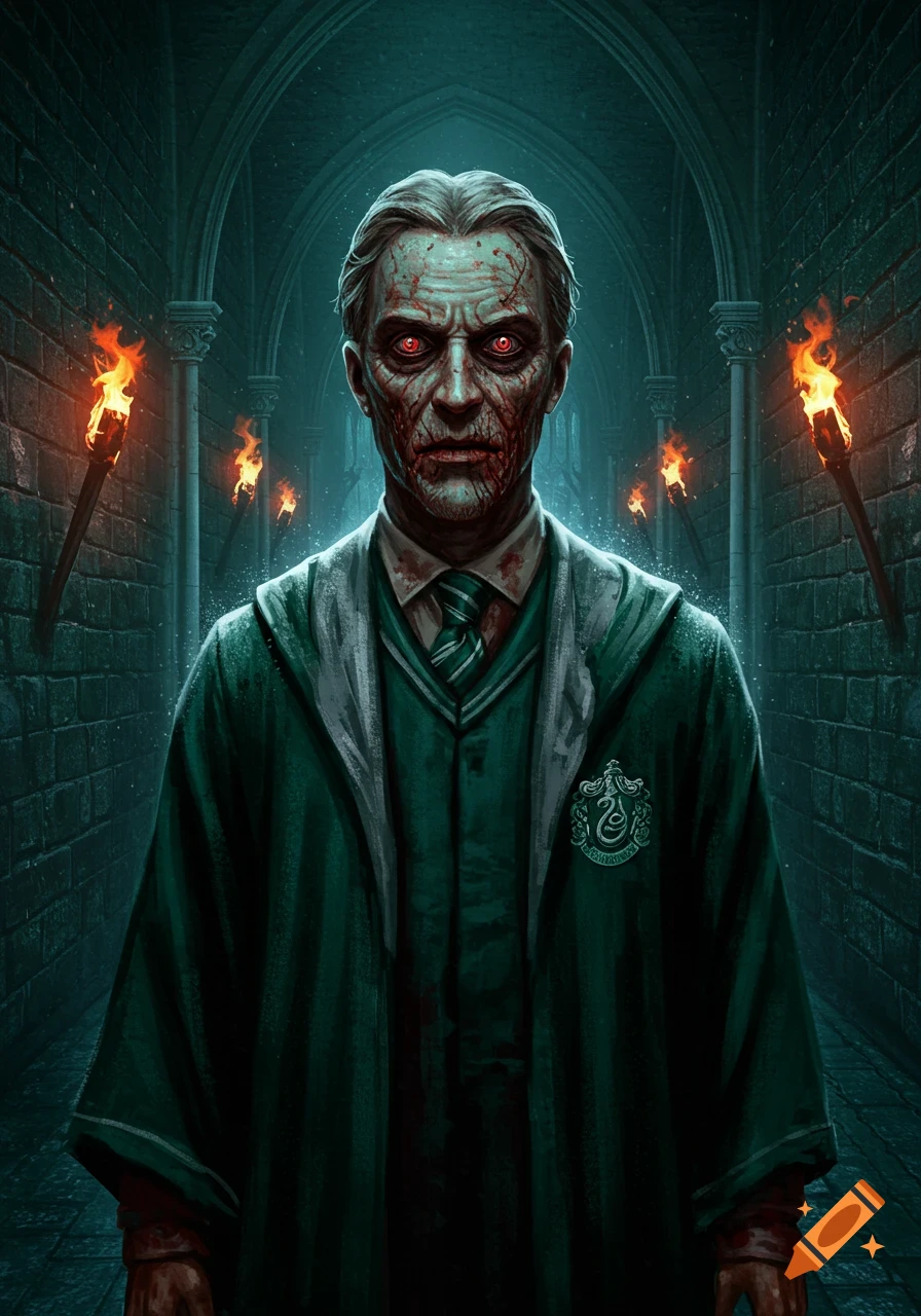 A pale, blood-stained man with glowing red eyes in a green Slytherin robe stands in a dark, torchlit stone hallway.