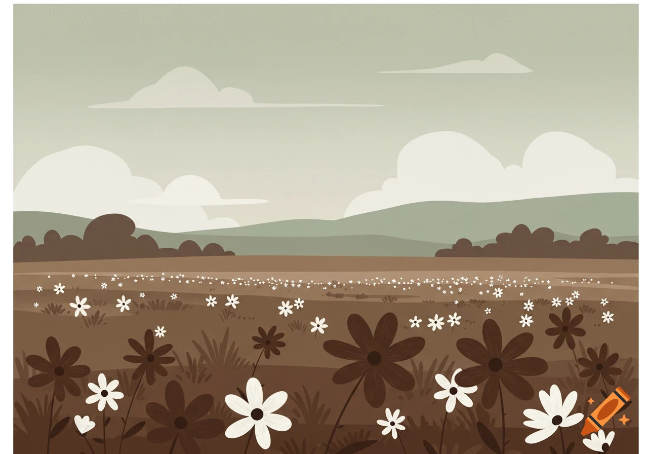A stylized illustration of a muted country field with brown and white flowers in the foreground, distant hills, and clouds under a gray sky.