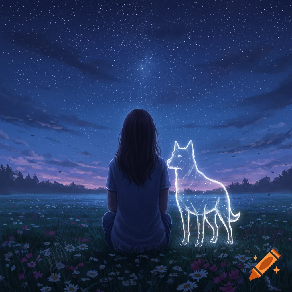 A girl sits in a flower field at night, gazing at a glowing spirit dog under a starry sky.
