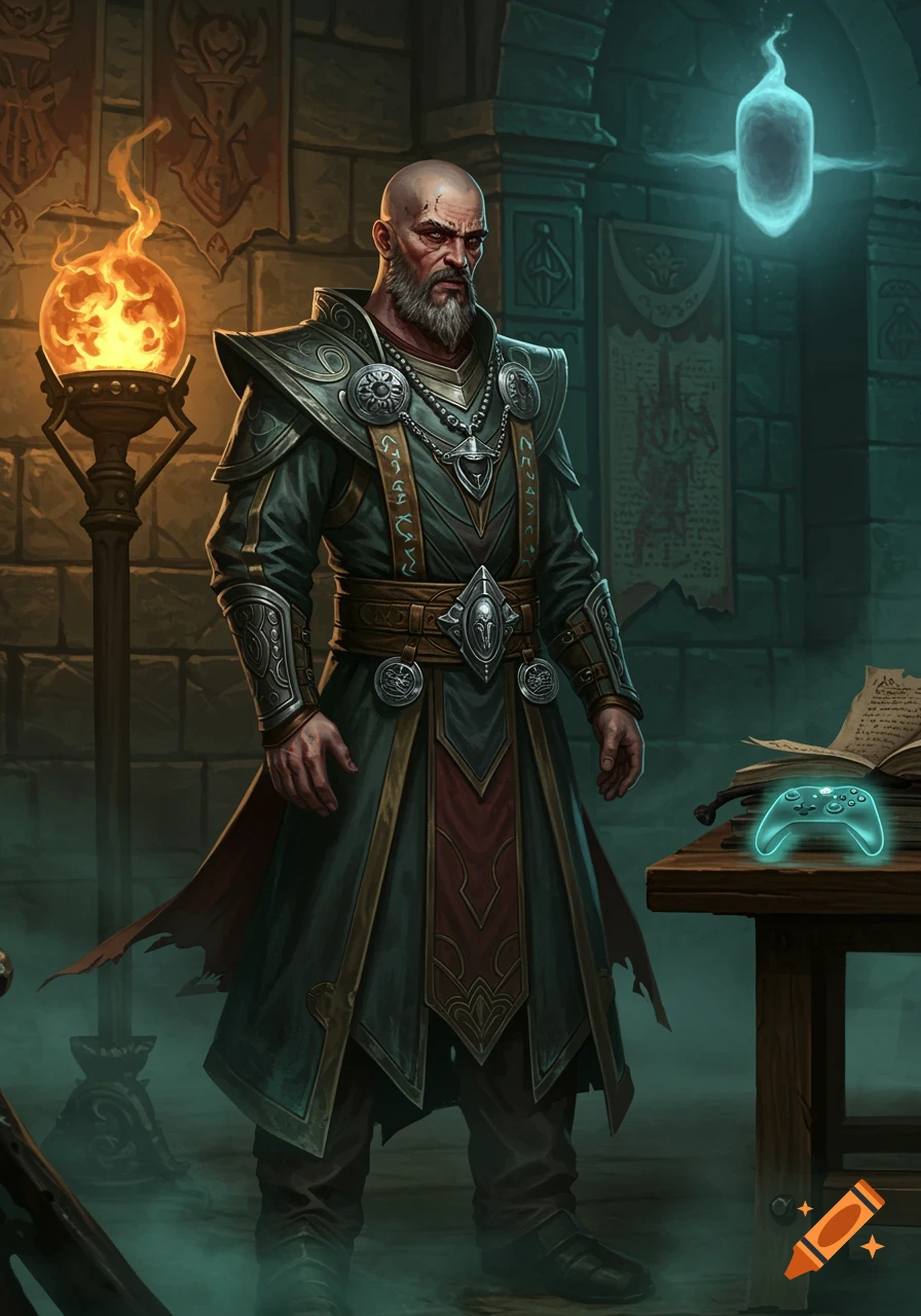 A grim, bald sorcerer in intricate armor stands in a dark dungeon, with a glowing Xbox controller on a nearby table.