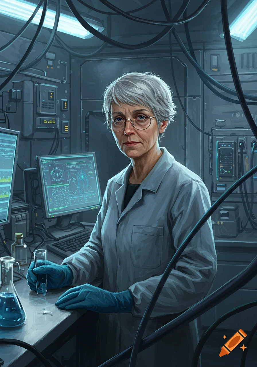 A gray-haired woman in a lab coat and blue gloves holds a test tube in a cluttered, high-tech laboratory.