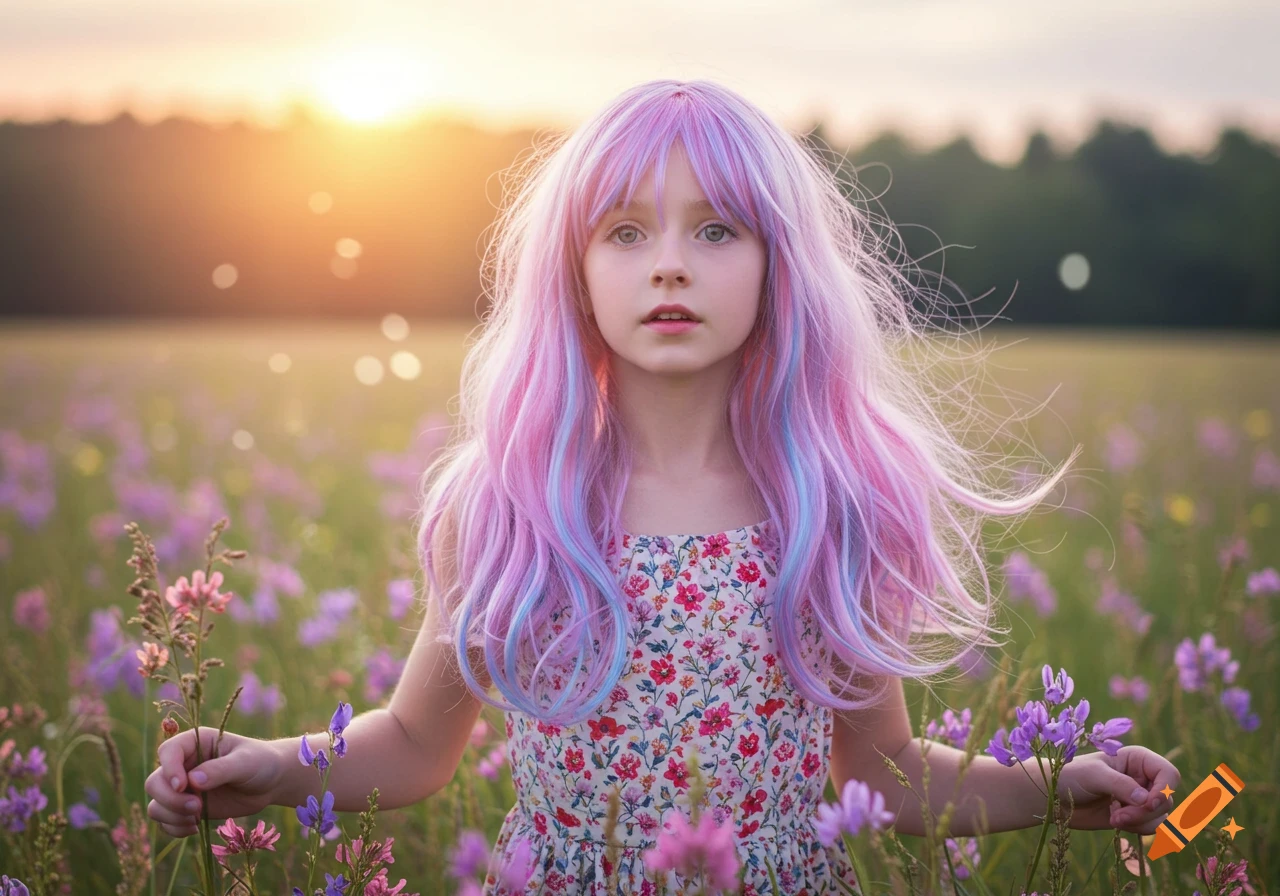 A young girl with long, colorful pink and blue hair stands in a field of purple flowers at sunset.