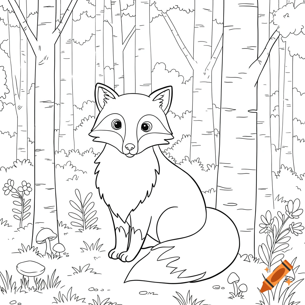 A whimsical fox sitting in a forest, depicted as a black and white outline for a coloring book.