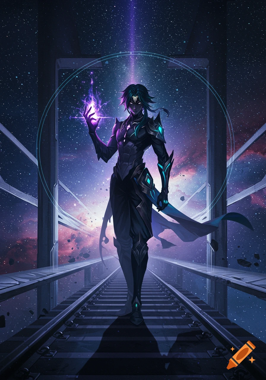 A male character with dark hair and glowing eyes in a futuristic suit stands on train tracks in a galaxy, holding a glowing purple orb. Anime style.
