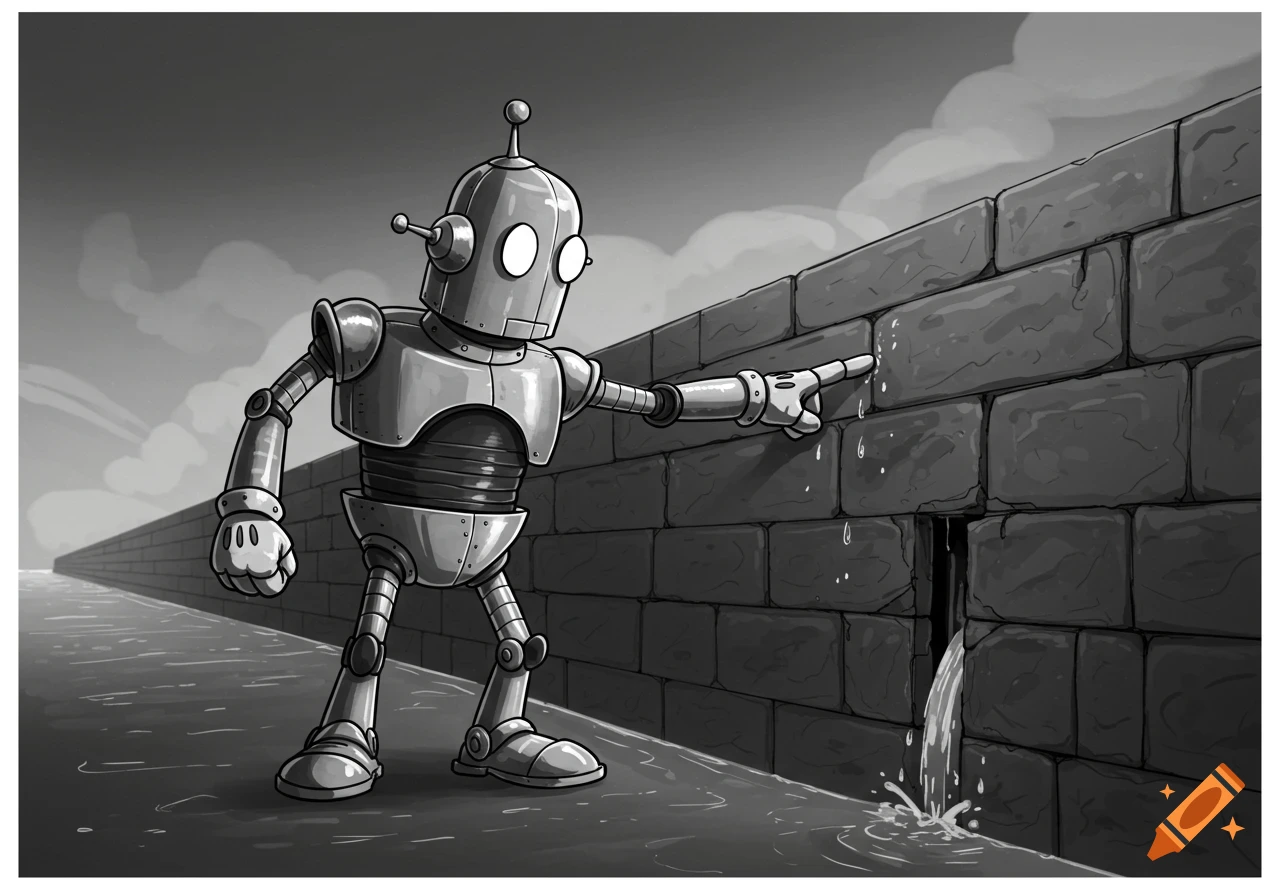A grayscale cartoon robot points at water gushing from a hole in a brick wall.