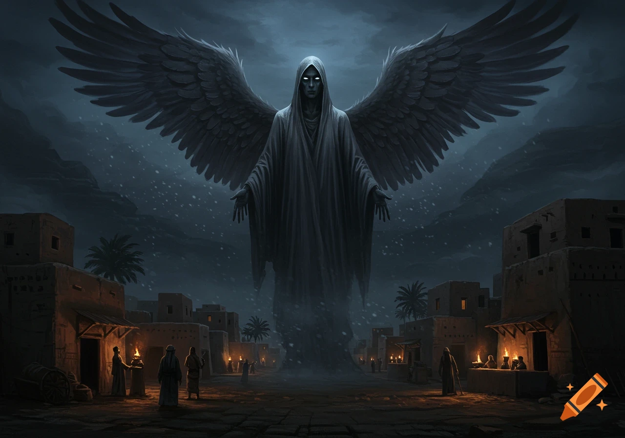 A giant dark winged hooded figure looms over an ancient desert town at night, with torch-bearing people below.
