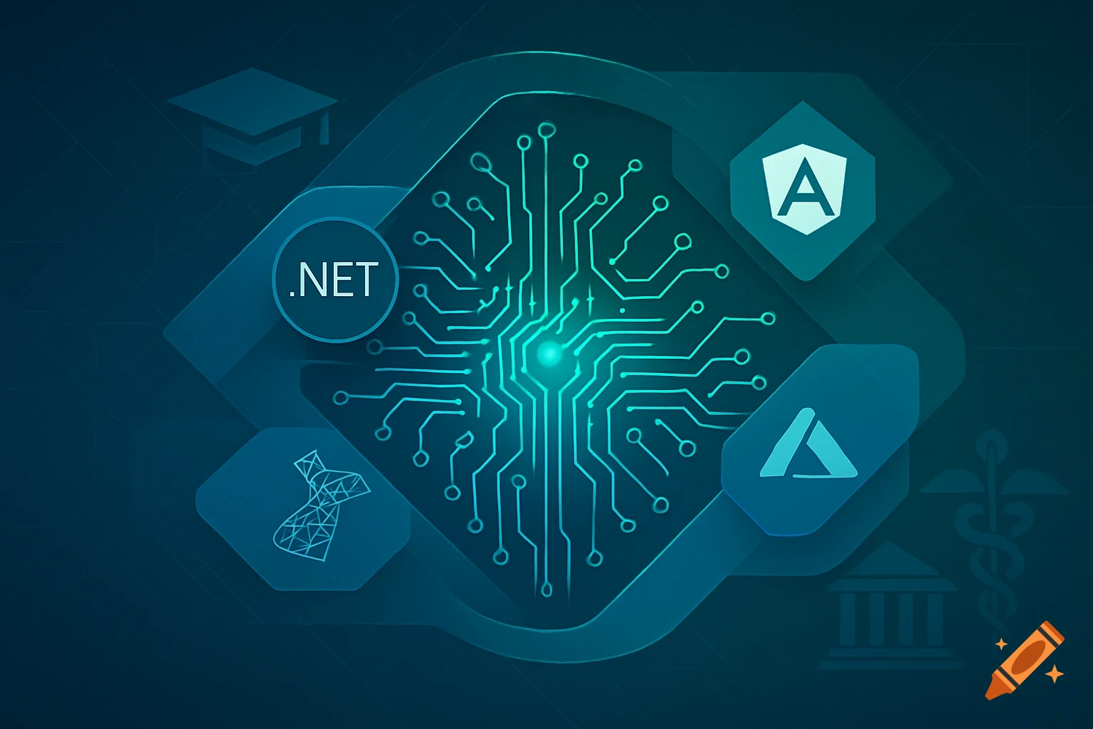 Digital illustration featuring a glowing circuit board with icons for .NET, Angular, Azure, education, healthcare, and finance.