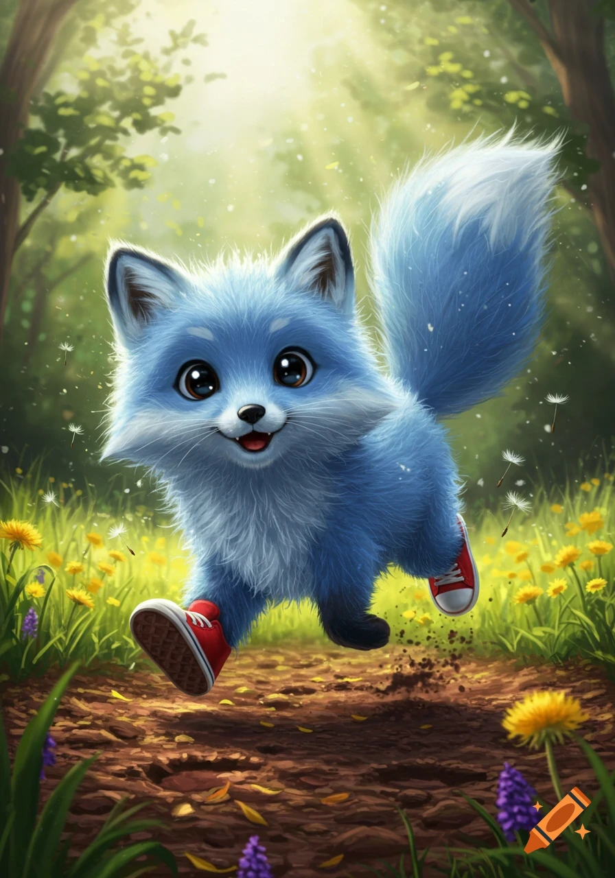 A cute blue fox wearing red sneakers runs on a dirt path in a sunny forest with dandelions.