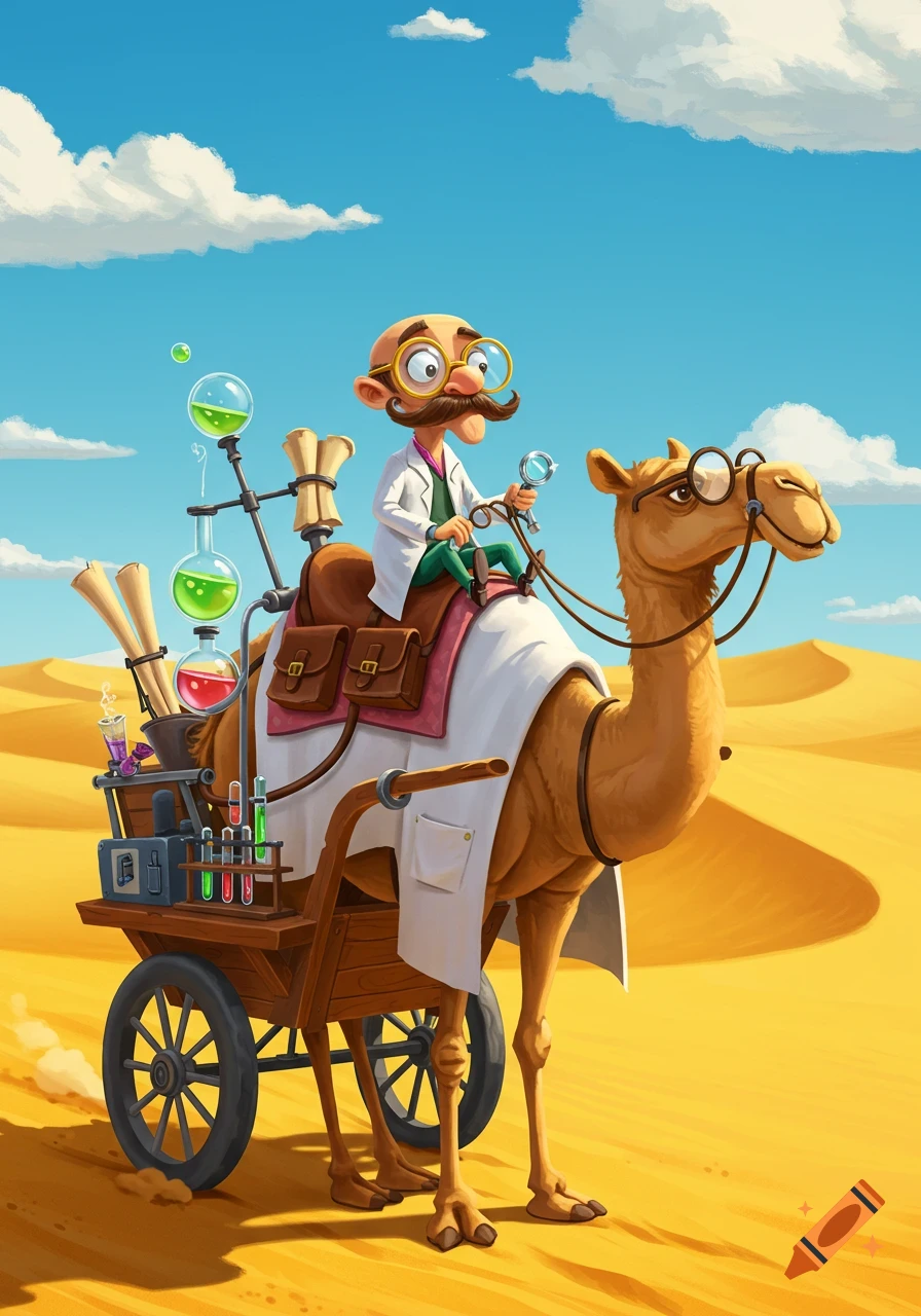 Cartoon scientist with glasses and mustache rides a bespectacled camel pulling a cart of science equipment in a desert.