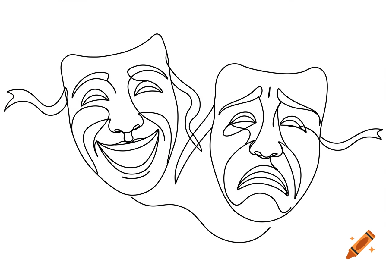 Two theater masks, one laughing and one crying, drawn in a single continuous line style.