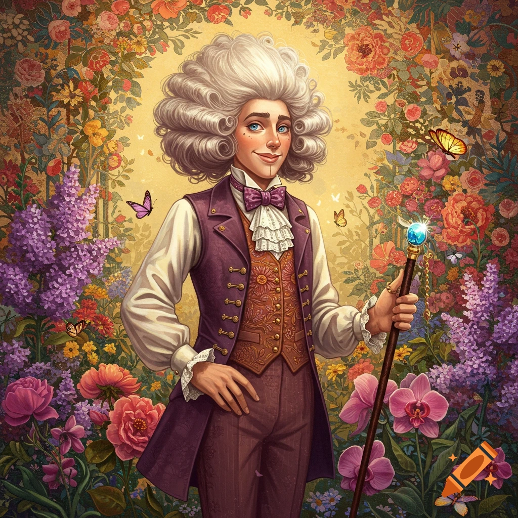 A stylized character in 18th-century dandy attire with a powdered wig, ruffled shirt, and waistcoat, holding a glowing staff, stands in a vibrant, flower-filled garden with butterflies.