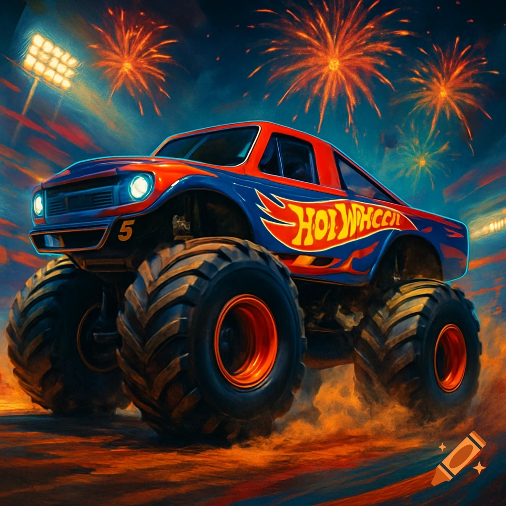 A vibrant blue and red Hot Wheels monster truck with a number 5, driving through dirt with fireworks exploding in the night sky.