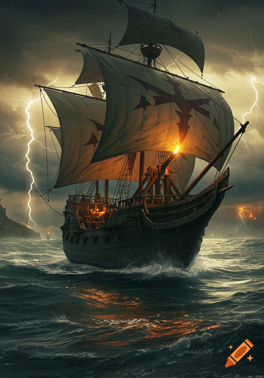 A caravel sails through a dark, stormy sea with lightning flashes. A trebuchet on its deck fires, illuminated by a bright glow.