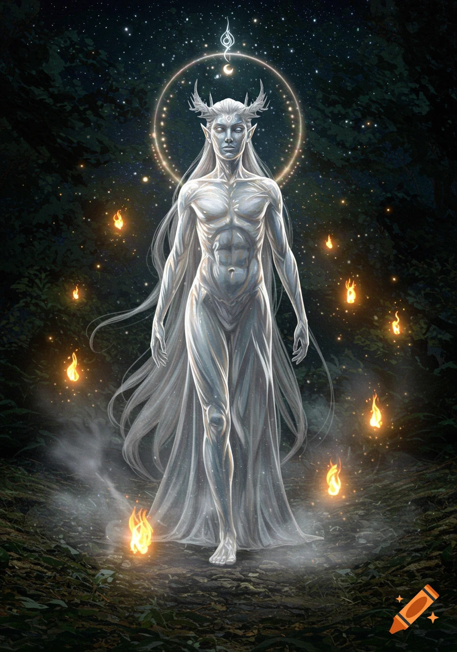An ethereal pale-skinned figure with horns and long hair stands in a dark forest under a starry sky, surrounded by floating flames. Fantasy illustration.