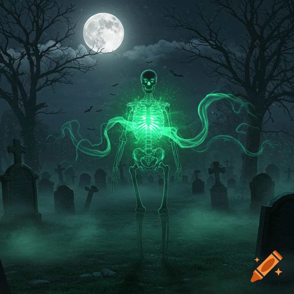 A glowing green skeleton stands in a misty, moonlit cemetery with trees and gravestones at night.
