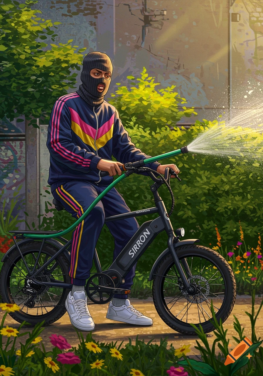 A person in a balaclava and tracksuit sits on a "SIRRON" electric bike, watering a garden with a hosepipe.